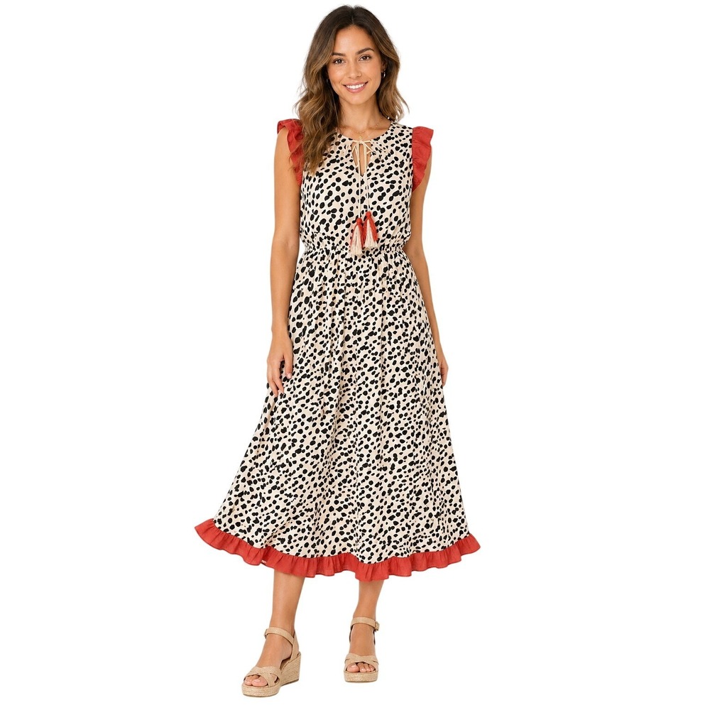 THML Women's Tassel Tie Neck Ruffle Trim Sleeveless Boho Midi Dress Size‎ Small